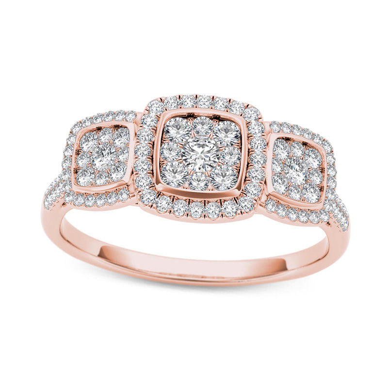 Image of ID 1 050 CT TW Composite Natural Diamond Three Stone Cushion Frame Engagement Ring in Solid 14K Rose Gold