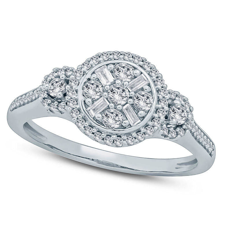 Image of ID 1 050 CT TW Composite Natural Diamond Three Stone Frame Engagement Ring in Solid 10K White Gold