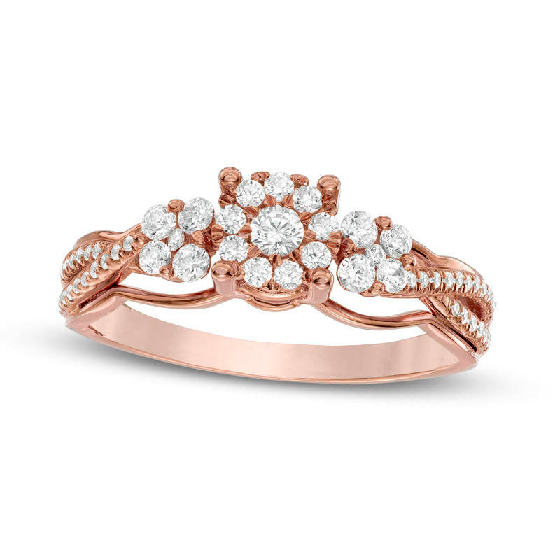 Image of ID 1 050 CT TW Composite Natural Diamond Three Stone Split Shank Engagement Ring in Solid 10K Rose Gold