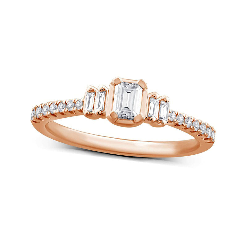 Image of ID 1 050 CT TW Emerald-Cut Natural Diamond Collar Engagement Ring in Solid 14K Rose Gold