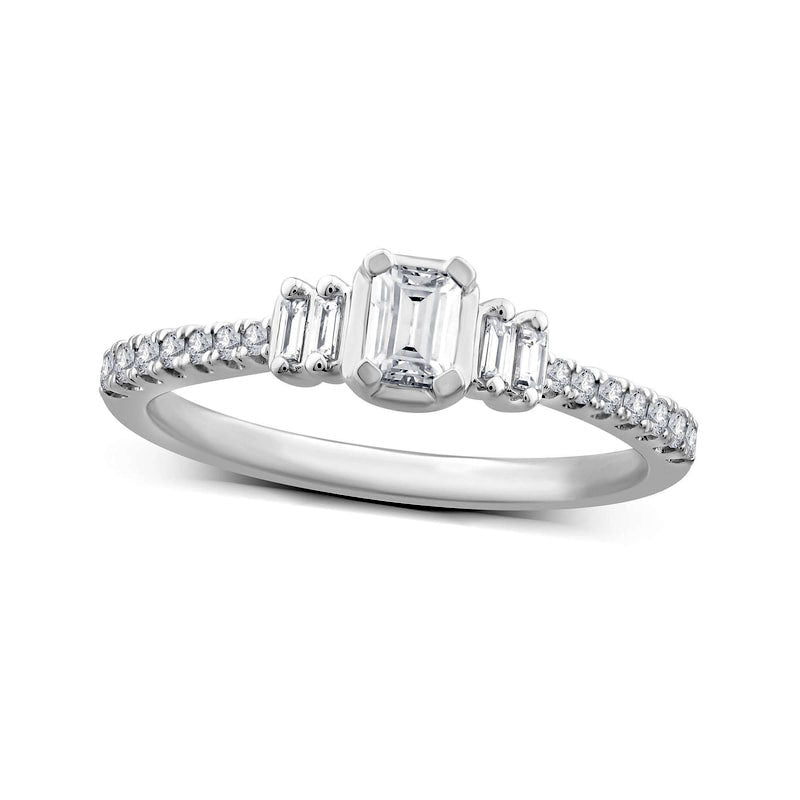 Image of ID 1 050 CT TW Emerald-Cut Natural Diamond Collar Engagement Ring in Solid 14K White Gold
