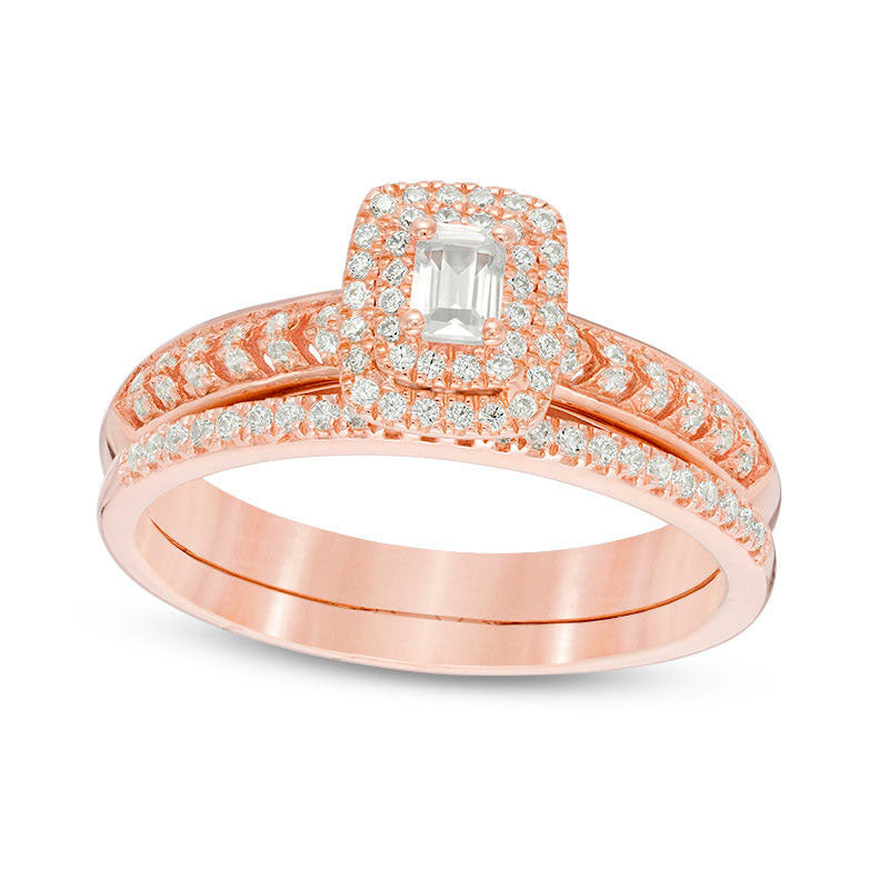 Image of ID 1 050 CT TW Emerald-Cut Natural Diamond Double Frame Chevron Bridal Engagement Ring Set in Solid 10K Rose Gold - Size 7