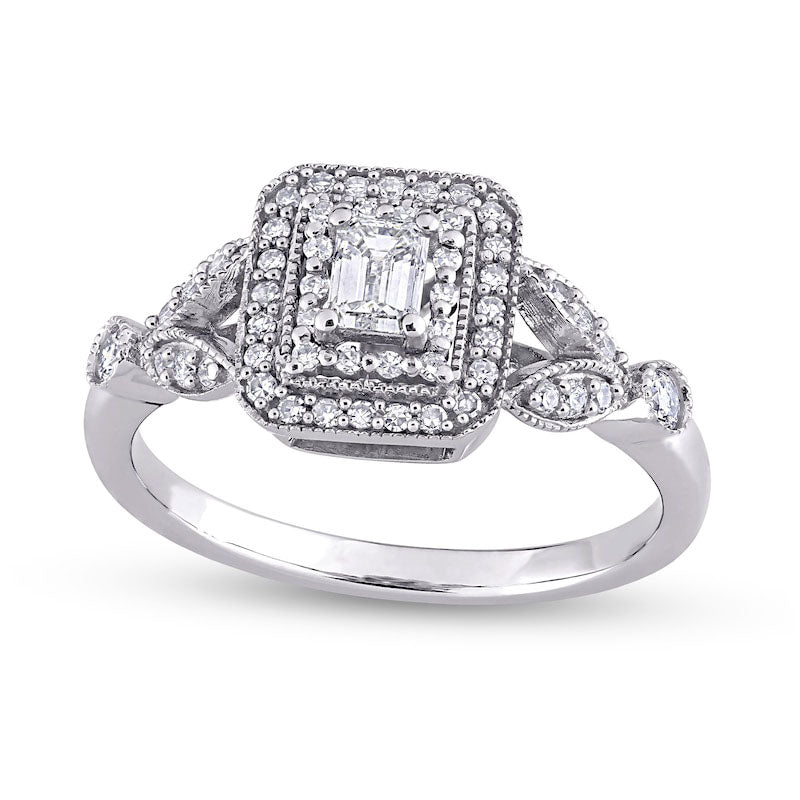Image of ID 1 050 CT TW Emerald-Cut Natural Diamond Double Frame Leaf-Sides Antique Vintage-Style Engagement Ring in Solid 10K White Gold