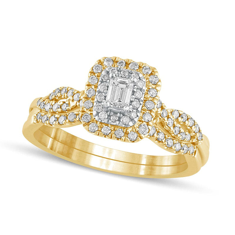 Image of ID 1 050 CT TW Emerald-Cut Natural Diamond Double Frame Multi-Row Bridal Engagement Ring Set in Solid 10K Yellow Gold