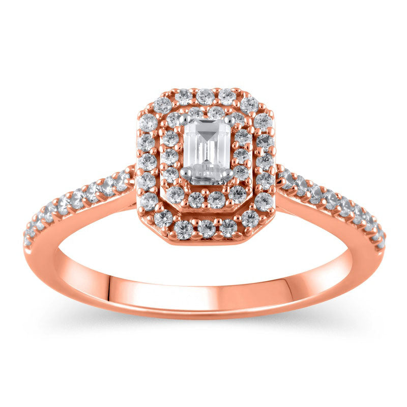 Image of ID 1 050 CT TW Emerald-Cut Natural Diamond Double Octagonal Frame Engagement Ring in Solid 10K Rose Gold