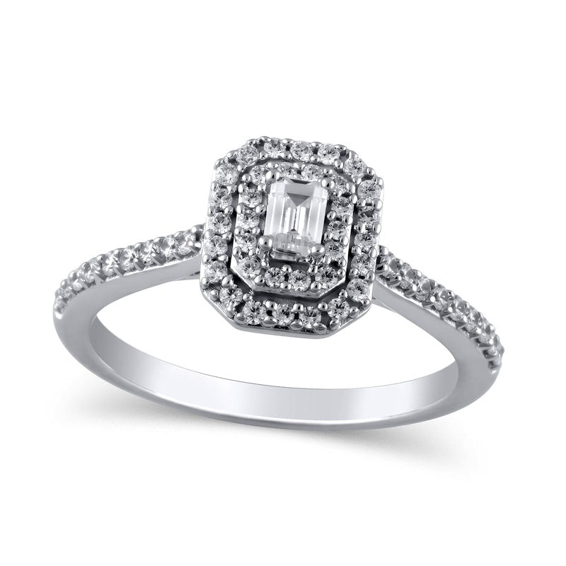 Image of ID 1 050 CT TW Emerald-Cut Natural Diamond Double Octagonal Frame Engagement Ring in Solid 10K White Gold