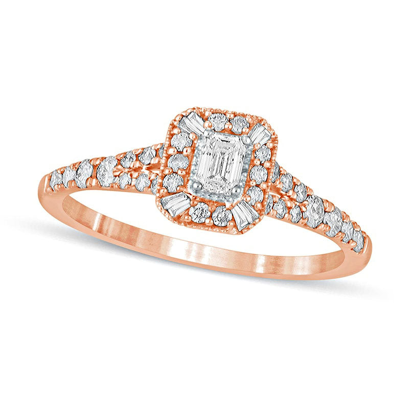 Image of ID 1 050 CT TW Emerald-Cut Natural Diamond Frame Antique Vintage-Style Engagement Ring in Solid 10K Rose Gold