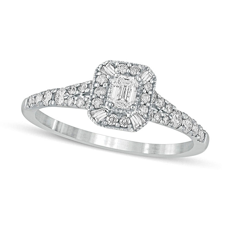 Image of ID 1 050 CT TW Emerald-Cut Natural Diamond Frame Antique Vintage-Style Engagement Ring in Solid 10K White Gold