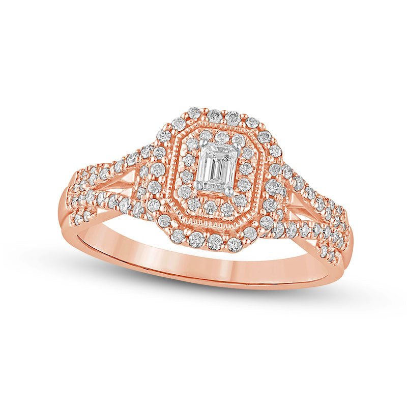 Image of ID 1 050 CT TW Emerald-Cut Natural Diamond Frame Antique Vintage-Style Multi-Row Engagement Ring in Solid 10K Rose Gold