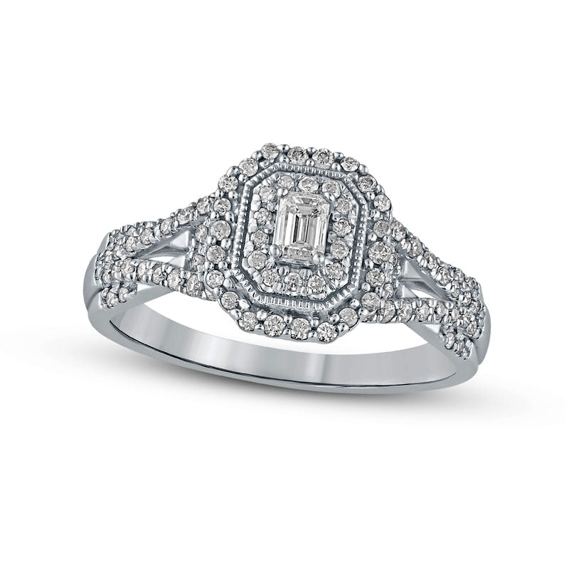 Image of ID 1 050 CT TW Emerald-Cut Natural Diamond Frame Antique Vintage-Style Multi-Row Engagement Ring in Solid 10K White Gold