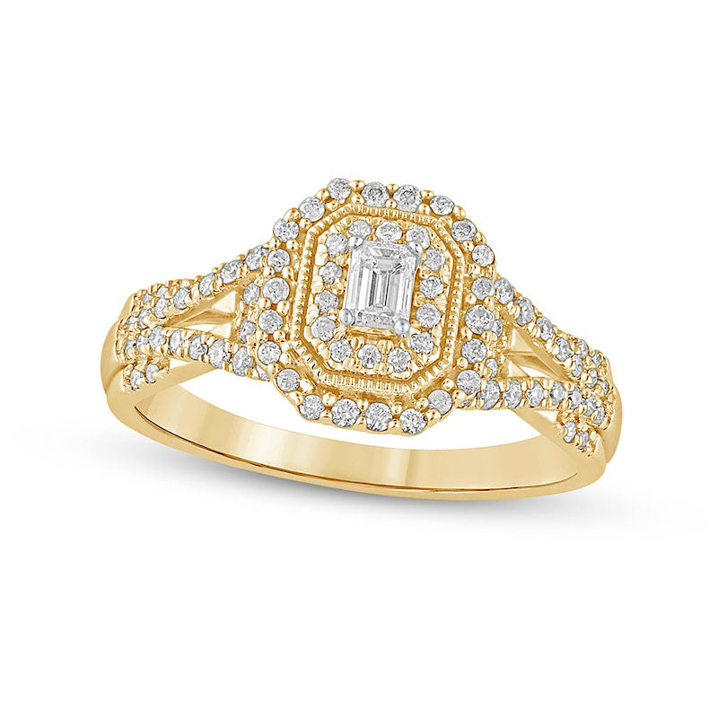 Image of ID 1 050 CT TW Emerald-Cut Natural Diamond Frame Antique Vintage-Style Multi-Row Engagement Ring in Solid 10K Yellow Gold