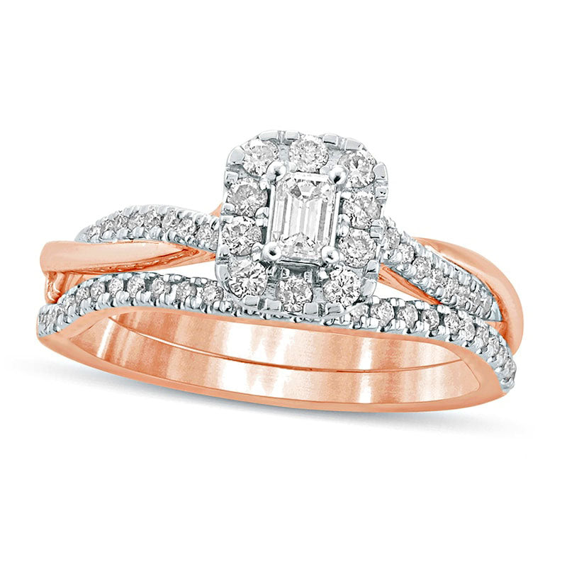 Image of ID 1 050 CT TW Emerald-Cut Natural Diamond Frame Twist Shank Bridal Engagement Ring Set in Solid 10K Rose Gold