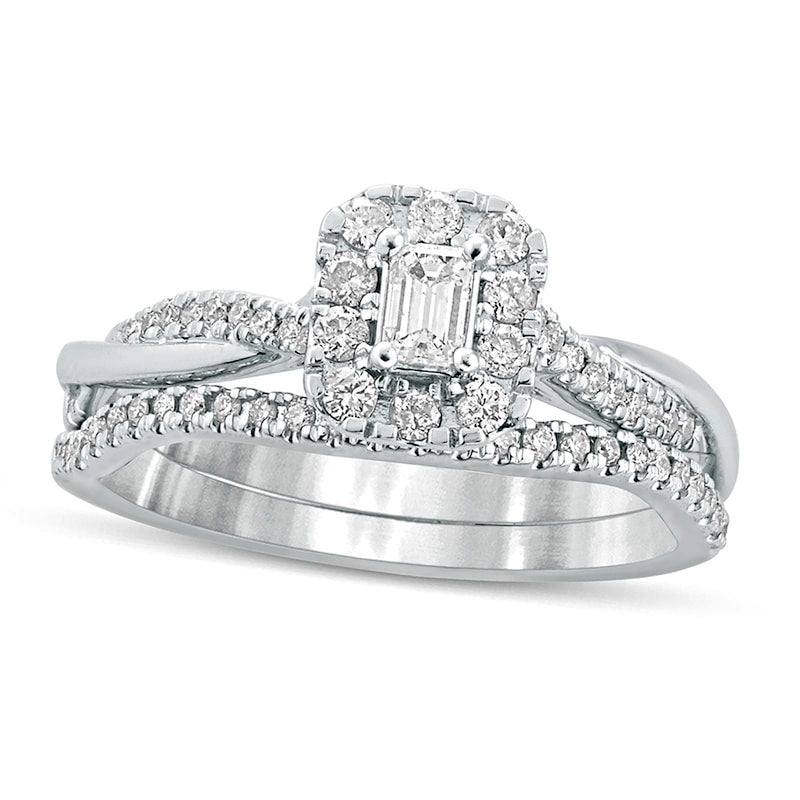 Image of ID 1 050 CT TW Emerald-Cut Natural Diamond Frame Twist Shank Bridal Engagement Ring Set in Solid 10K White Gold