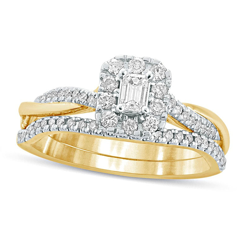 Image of ID 1 050 CT TW Emerald-Cut Natural Diamond Frame Twist Shank Bridal Engagement Ring Set in Solid 10K Yellow Gold
