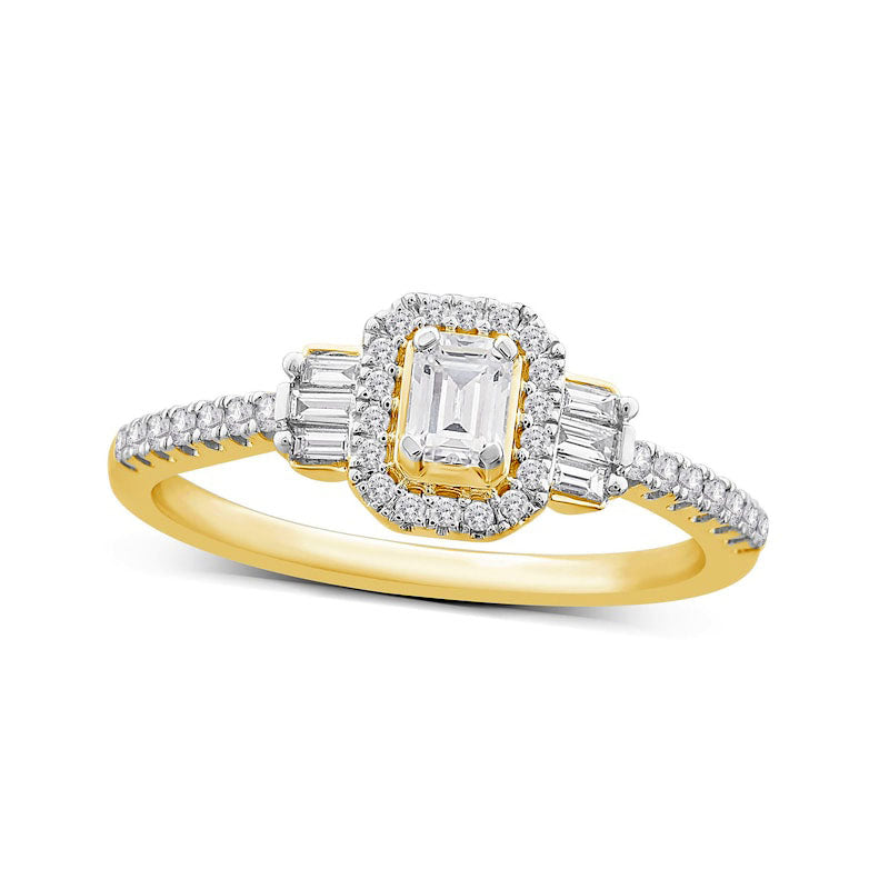 Image of ID 1 050 CT TW Emerald-Cut Natural Diamond Frame with Collar Engagement Ring in Solid 14K Gold