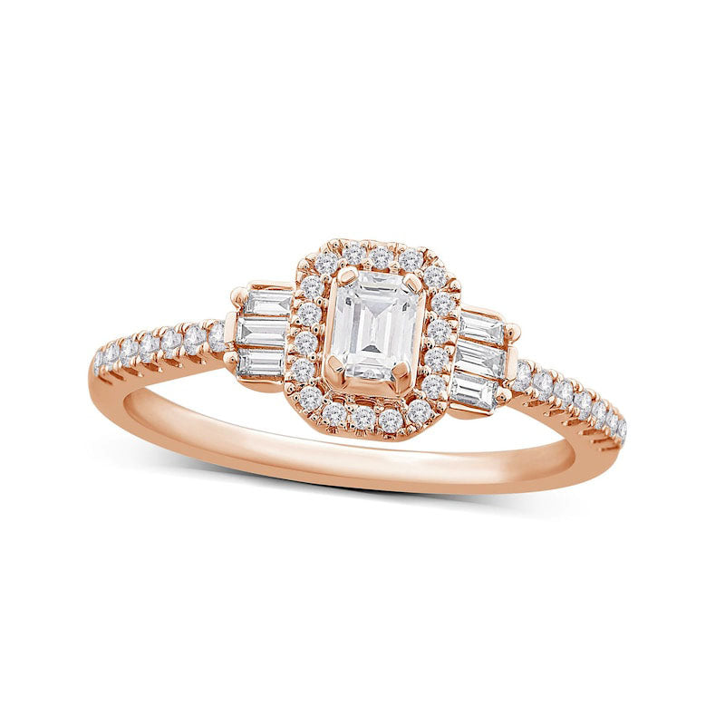 Image of ID 1 050 CT TW Emerald-Cut Natural Diamond Frame with Collar Engagement Ring in Solid 14K Rose Gold