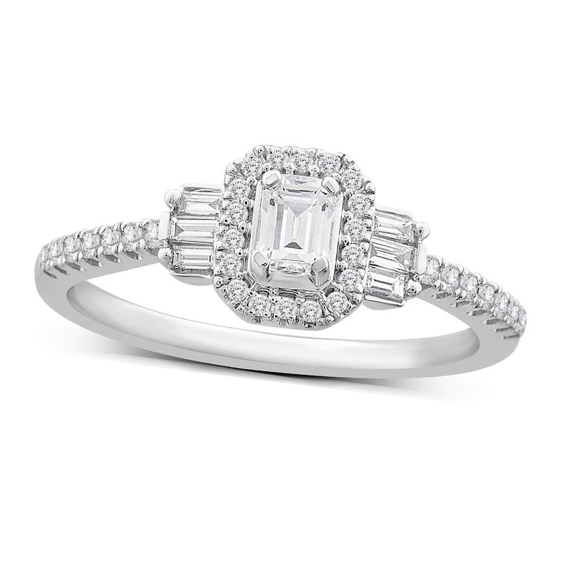 Image of ID 1 050 CT TW Emerald-Cut Natural Diamond Frame with Collar Engagement Ring in Solid 14K White Gold