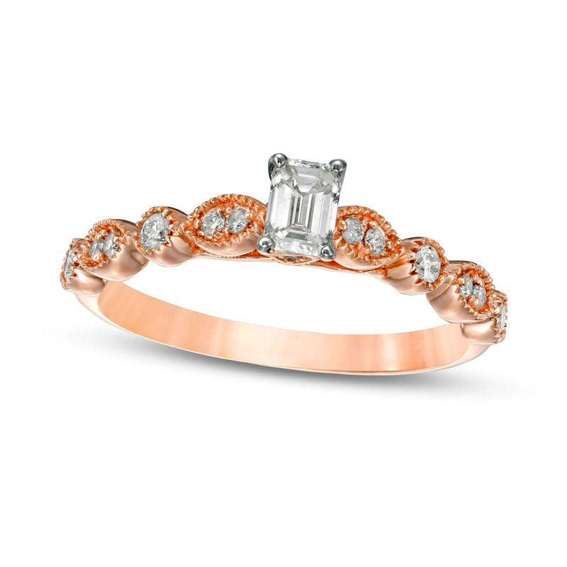 Image of ID 1 050 CT TW Emerald-Cut Natural Diamond with Marquise Shapes Antique Vintage-Style Engagement Ring in Solid 10K Rose Gold