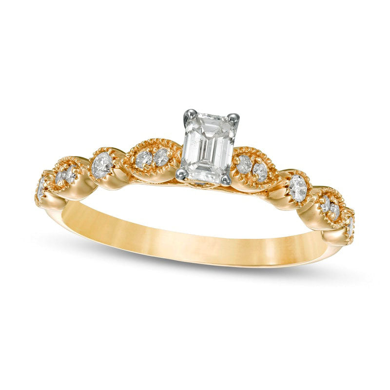Image of ID 1 050 CT TW Emerald-Cut Natural Diamond with Marquise Shapes Antique Vintage-Style Engagement Ring in Solid 10K Yellow Gold
