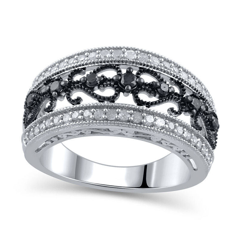 Image of ID 1 050 CT TW Enhanced Black and White Natural Diamond Antique Vintage-Style Anniversary Band in Sterling Silver