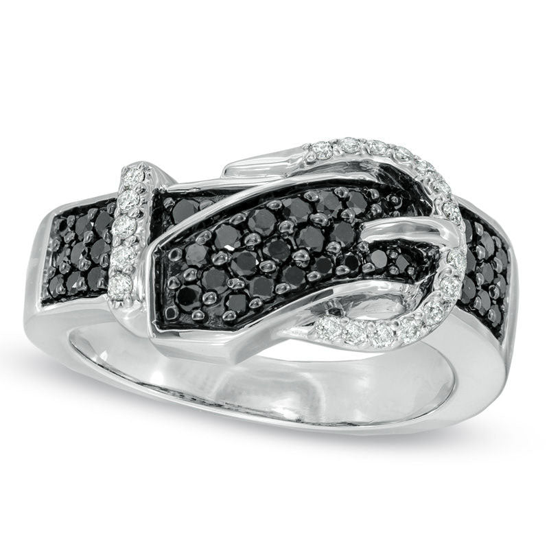 Image of ID 1 050 CT TW Enhanced Black and White Natural Diamond Belt Buckle Ring in Solid 10K White Gold
