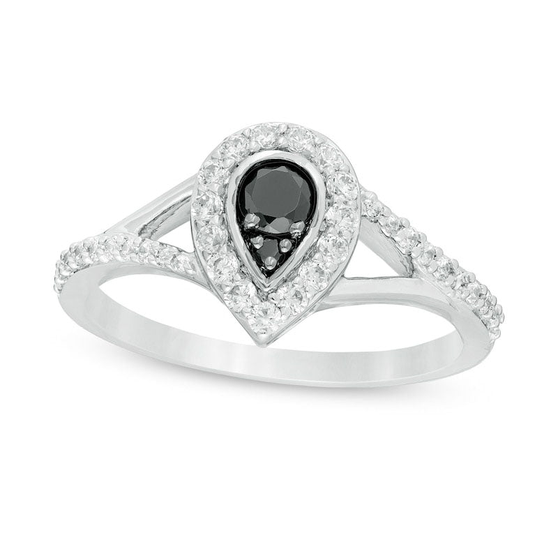 Image of ID 1 050 CT TW Enhanced Black and White Natural Diamond Pear-Shaped Frame Split Shank Engagement Ring in Solid 10K White Gold