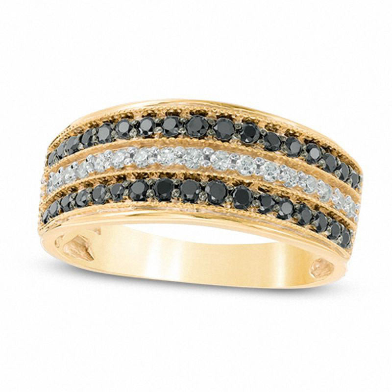 Image of ID 1 050 CT TW Enhanced Black and White Natural Diamond Three Row Band in Solid 10K Yellow Gold