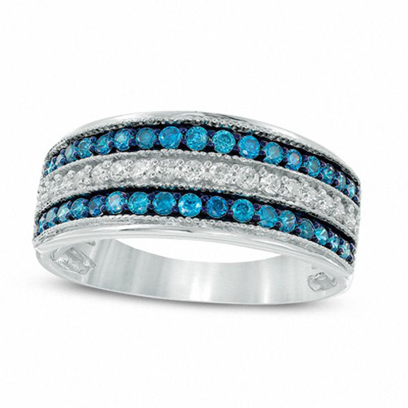 Image of ID 1 050 CT TW Enhanced Blue and White Natural Diamond Three Row Band in Solid 10K White Gold