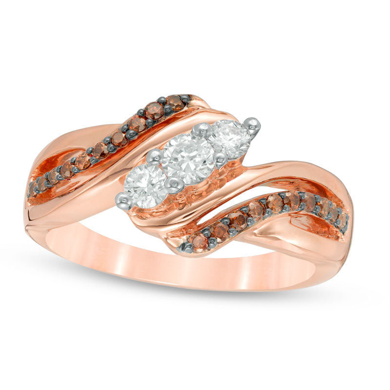 Image of ID 1 050 CT TW Enhanced Champagne and White Natural Diamond Three Stone Bypass Ring in Solid 10K Rose Gold