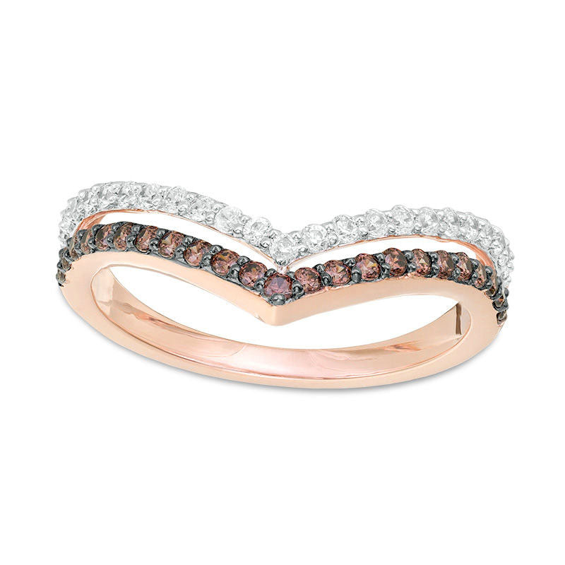 Image of ID 1 050 CT TW Enhanced Champagne and White Natural Diamond Two Row Chevron Band in Solid 10K Rose Gold
