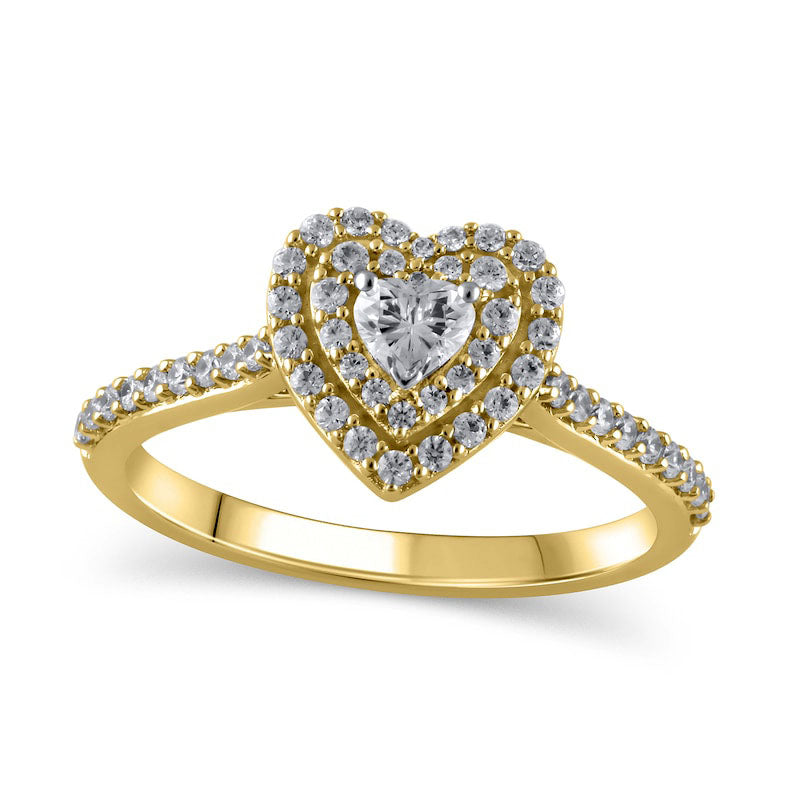 Image of ID 1 050 CT TW Heart-Shaped Natural Diamond Double Frame Engagement Ring in Solid 10K Yellow Gold