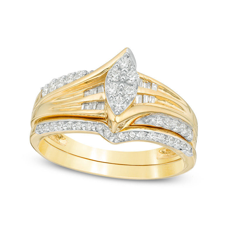 Image of ID 1 050 CT TW Marquise Composite Natural Diamond Bypass Bridal Engagement Ring Set in Solid 10K Yellow Gold