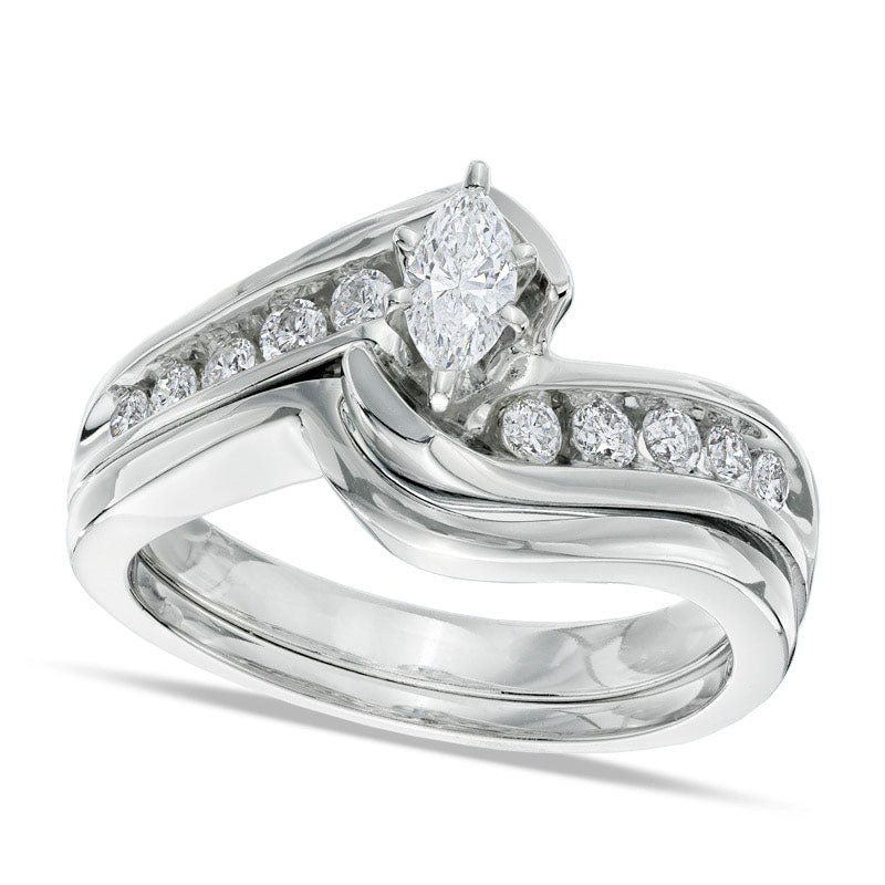Image of ID 1 050 CT TW Marquise Natural Diamond Bypass Bridal Engagement Ring Set in Solid 14K White Gold