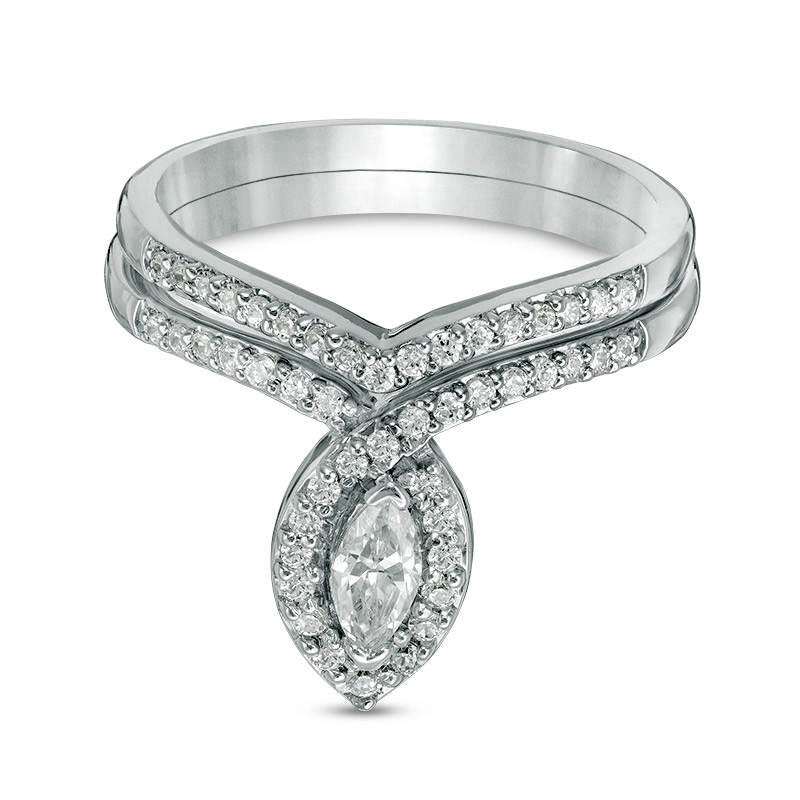 Image of ID 1 050 CT TW Marquise Natural Diamond Frame Bridal Engagement Ring Set in Solid 10K White Gold