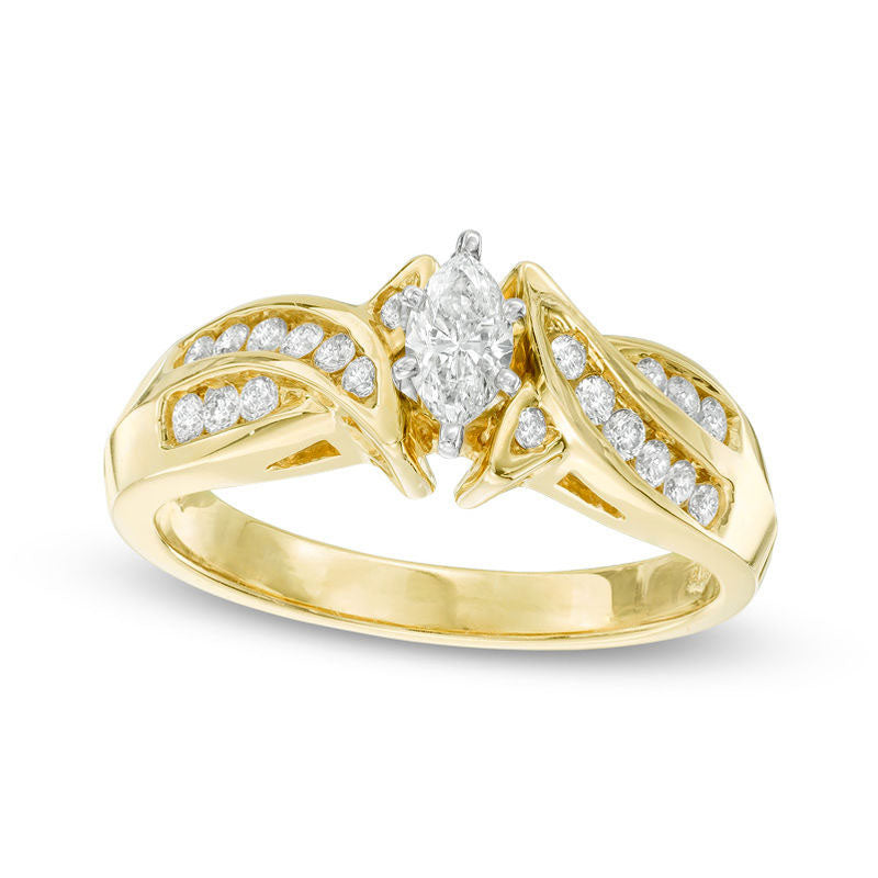 Image of ID 1 050 CT TW Marquise Natural Diamond Swirl Engagement Ring in Solid 14K Gold