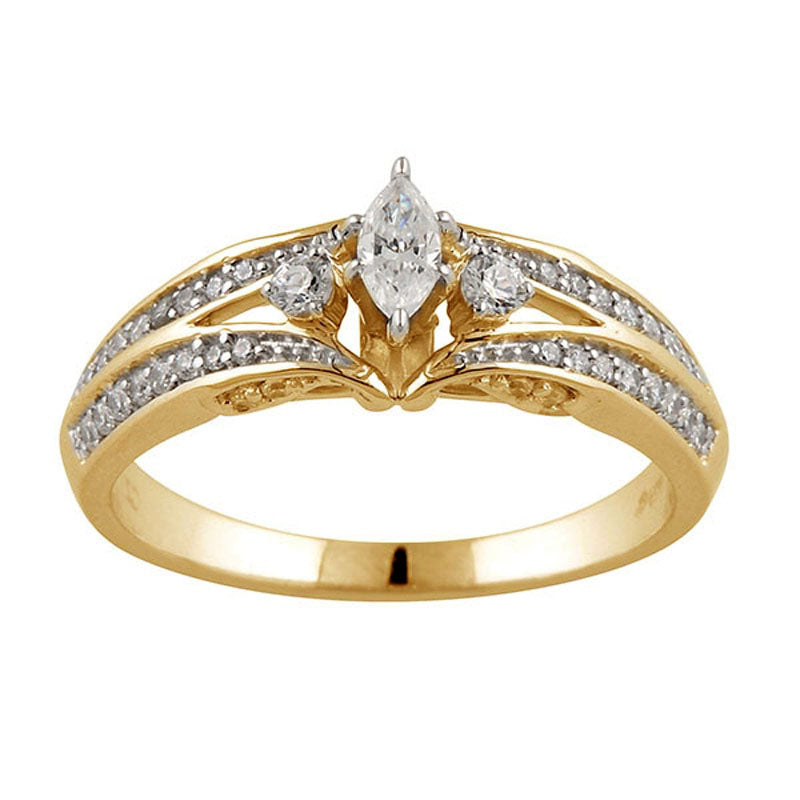Image of ID 1 050 CT TW Marquise Natural Diamond Three Stone Engagement Ring in Solid 10K Yellow Gold