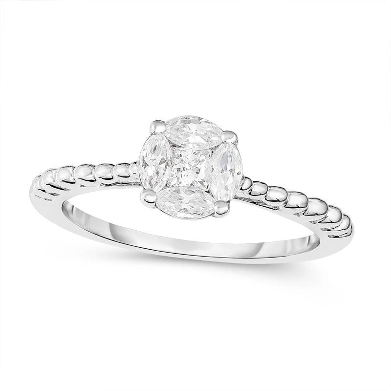 Image of ID 1 050 CT TW Marquise and Princess-Cut Composite Natural Diamond Beaded Shank Engagement Ring in Solid 14K White Gold