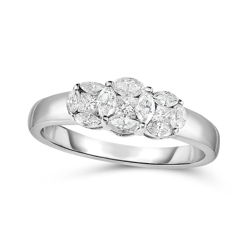 Image of ID 1 050 CT TW Marquise and Princess-Cut Composite Natural Diamond Three Stone Engagement Ring in Solid 14K White Gold