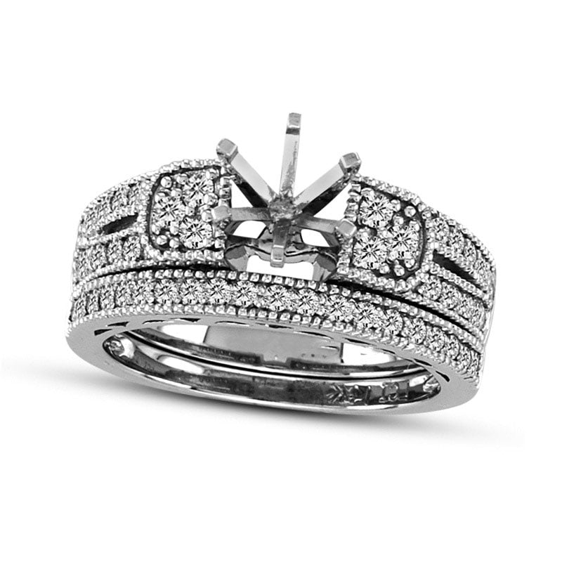 Image of ID 1 050 CT TW Natural Diamond Antique Vintage-Style Semi-Mount Bridal Engagement Ring Set in Solid 14K White Gold