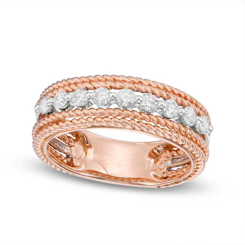 Image of ID 1 050 CT TW Natural Diamond Braided Rope Edge Anniversary Band in Solid 14K Two-Tone Gold