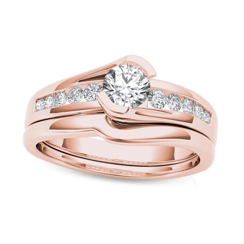 Image of ID 1 050 CT TW Natural Diamond Bypass Bridal Engagement Ring Set in Solid 14K Rose Gold