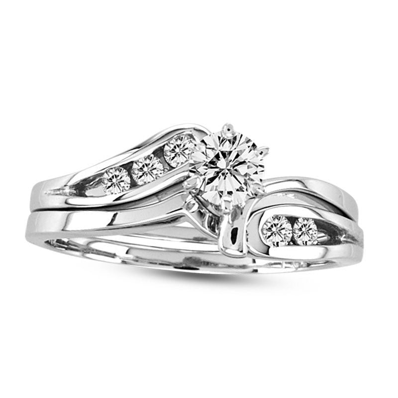Image of ID 1 050 CT TW Natural Diamond Bypass Bridal Engagement Ring Set in Solid 14K White Gold