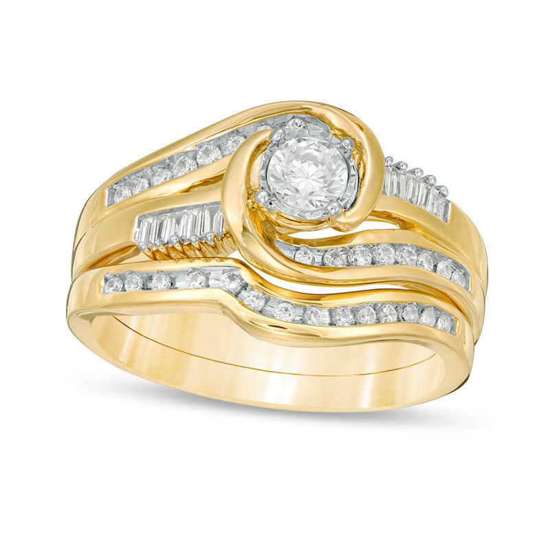 Image of ID 1 050 CT TW Natural Diamond Bypass Swirl Bridal Engagement Ring Set in Solid 10K Yellow Gold