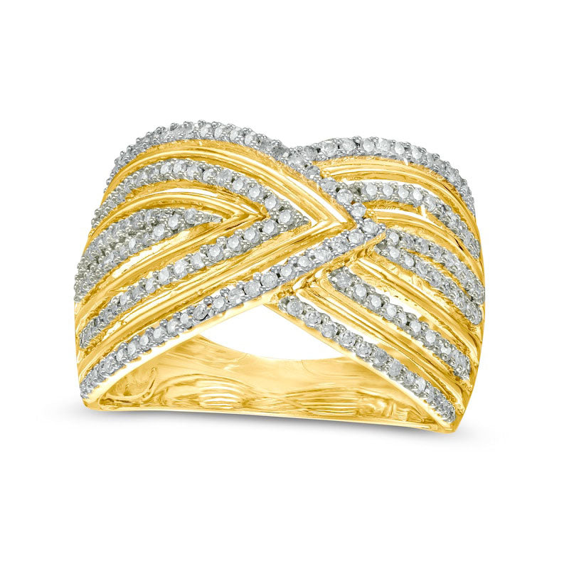 Image of ID 1 050 CT TW Natural Diamond Chevron Pattern Multi-Row Crossover Ring in Solid 10K Yellow Gold