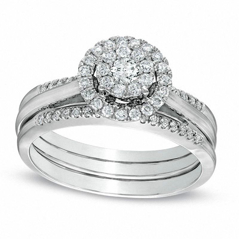 Image of ID 1 050 CT TW Natural Diamond Cluster Frame Bridal Engagement Ring Set in Solid 10K White Gold