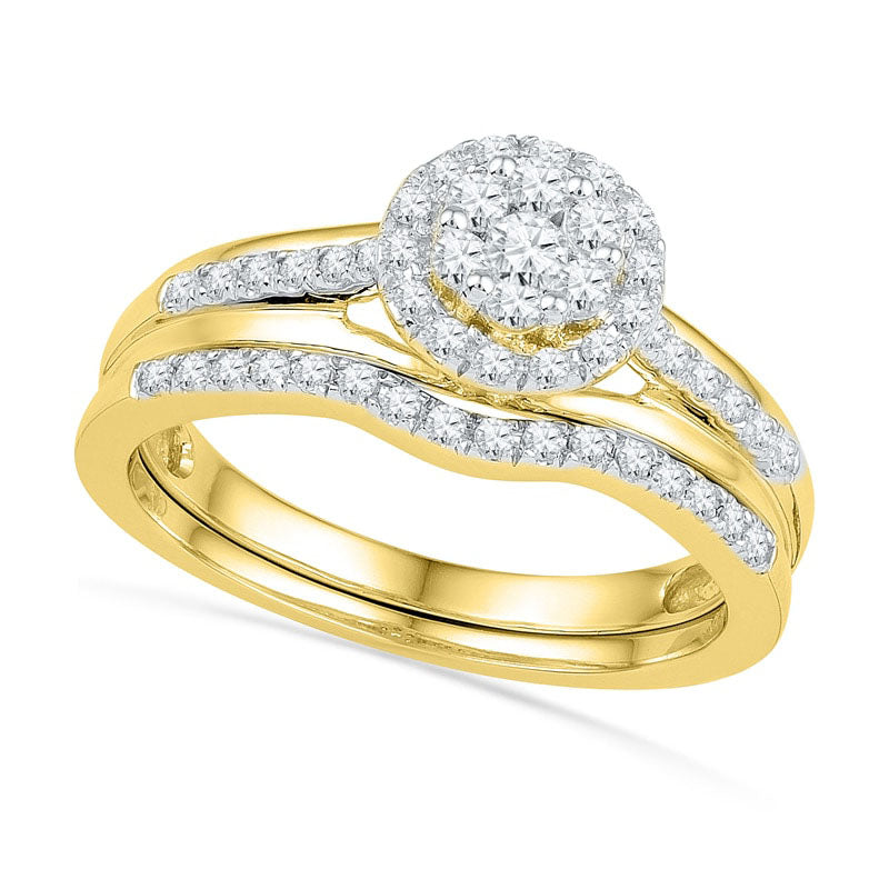Image of ID 1 050 CT TW Natural Diamond Cluster Frame Bridal Engagement Ring Set in Solid 10K Yellow Gold