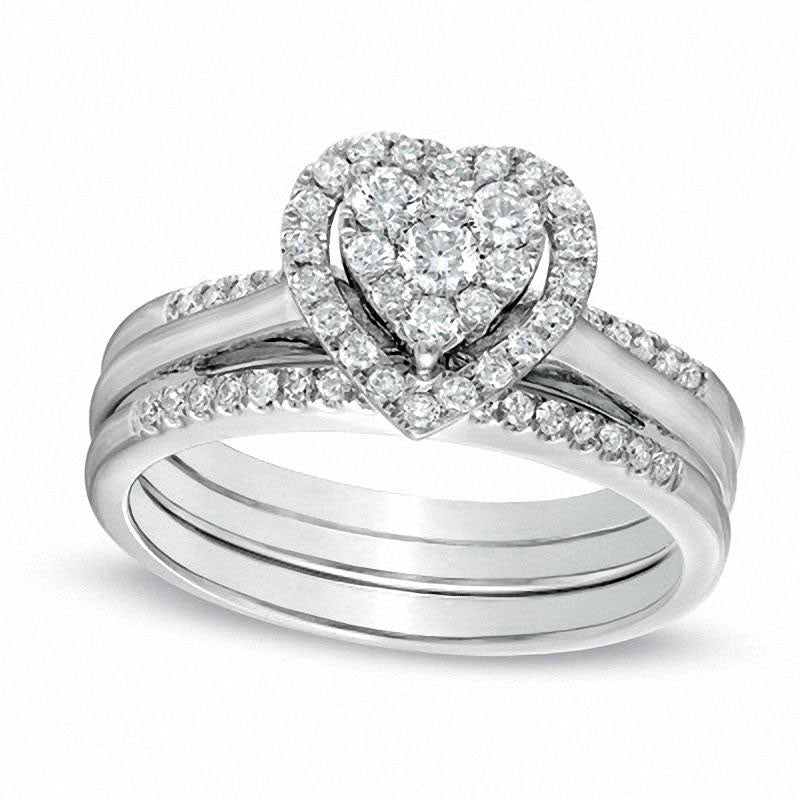 Image of ID 1 050 CT TW Natural Diamond Cluster Heart Frame Bridal Engagement Ring Set in Solid 10K White Gold