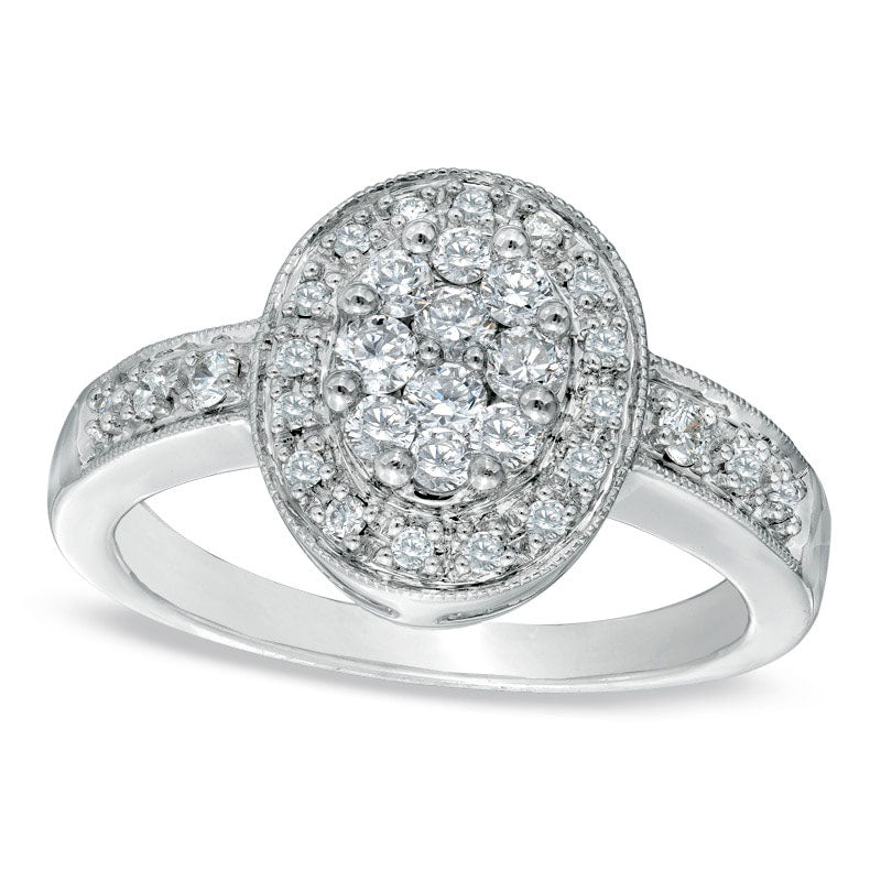 Image of ID 1 050 CT TW Natural Diamond Cluster Oval Frame Engagement Ring in Solid 14K White Gold