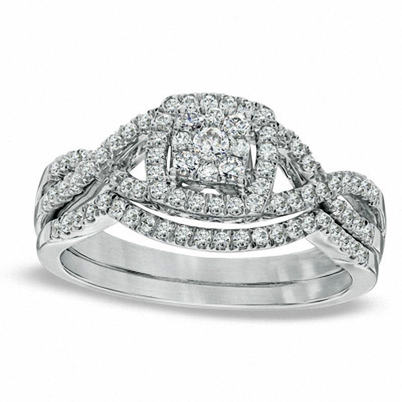 Image of ID 1 050 CT TW Natural Diamond Cluster Twist Shank Bridal Engagement Ring Set in Solid 10K White Gold