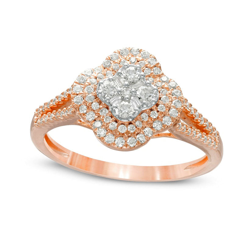 Image of ID 1 050 CT TW Natural Diamond Composite Double Clover Frame Split Shank Ring in Solid 10K Rose Gold